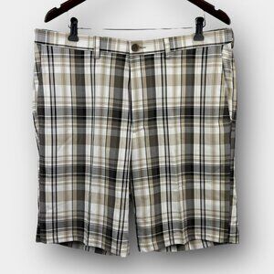 HAGGAR Cool 18 Pro Plaid Golf Shorts 36W Putty Expandable Waist UV Quick-Dry NWT